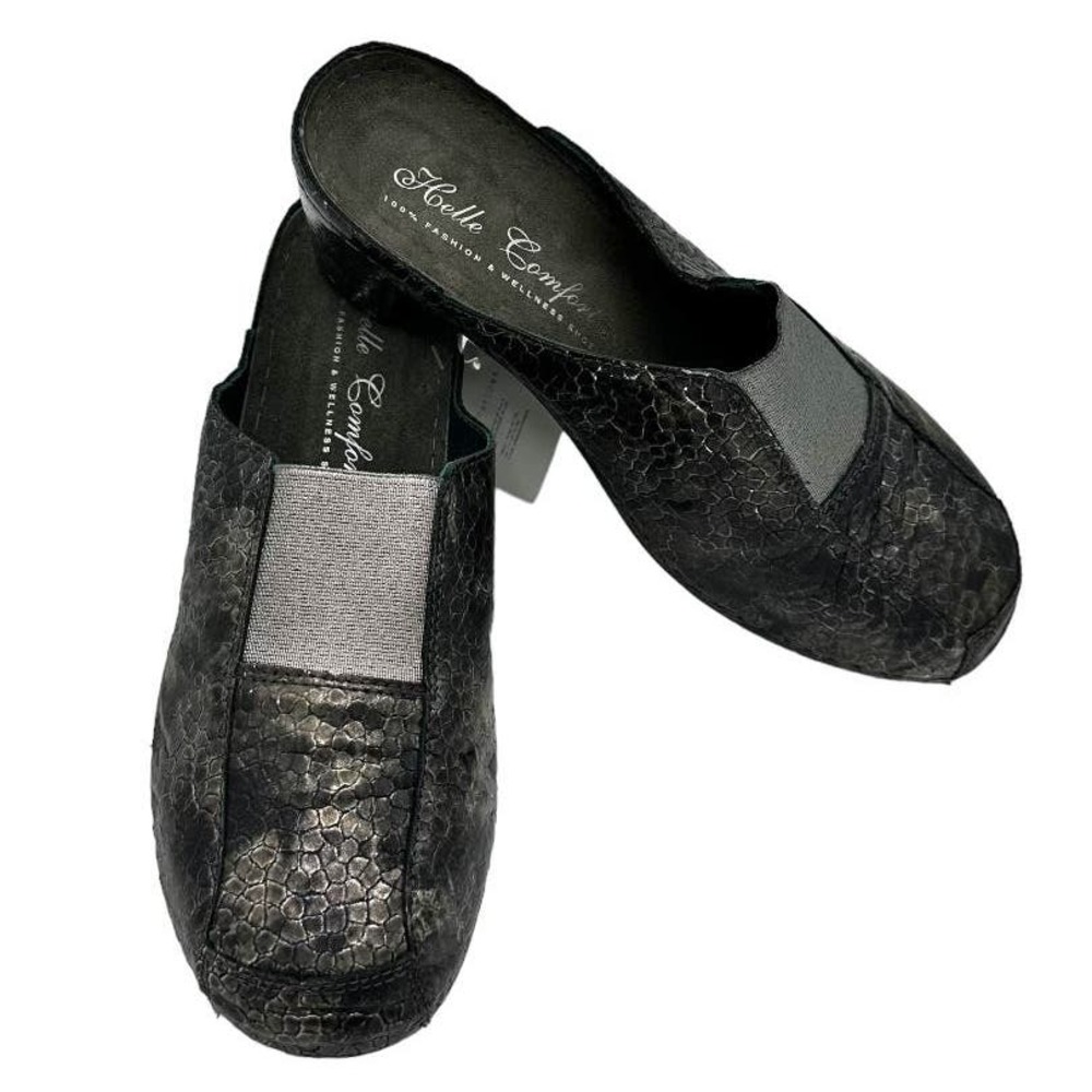 HELLE COMFORT WELLNESS PEWTER SNAKE PRINT SLIDE ON CLOGS SIZE 6.5-7